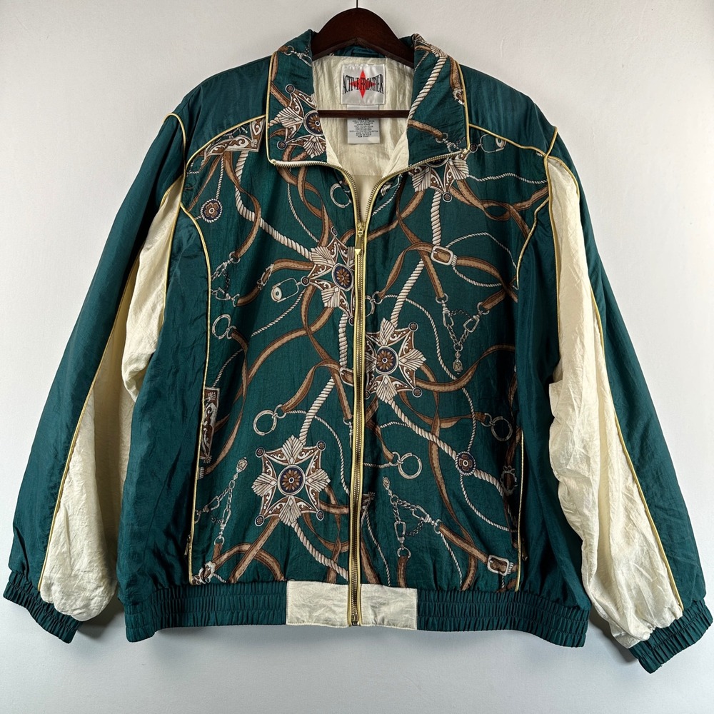 Vtg Active Frontier Equestrian Print Retro Track Jacket Large Full Zip Green New